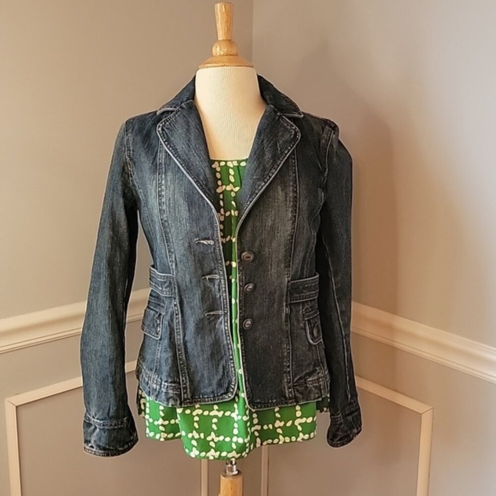 ANN TAYLOR LOFT Denim 3 Button Fitted Medium Wash Casual Preppy Blazer Jacket 2